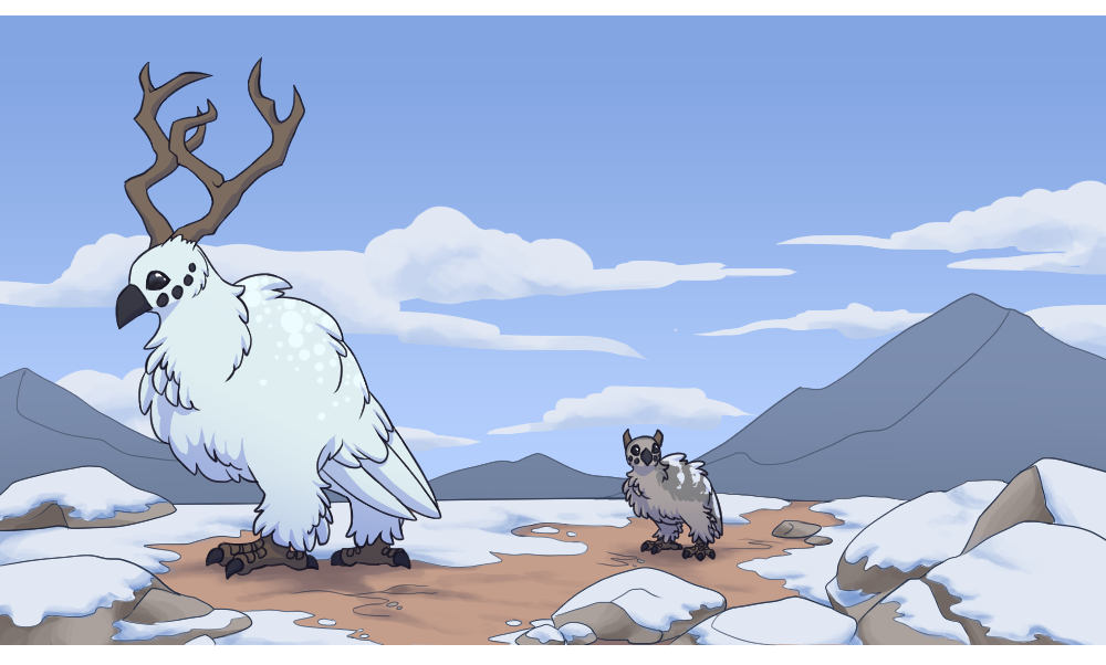 a greater snowbird adult and baby in a snowy mountain environment. the baby is brown with white stripes, with small horns.