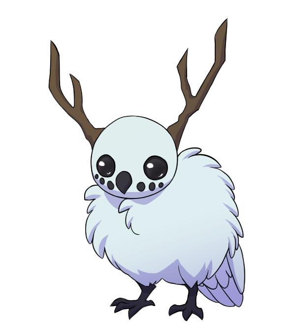 small white bird with tree branch antlers and big black eyes