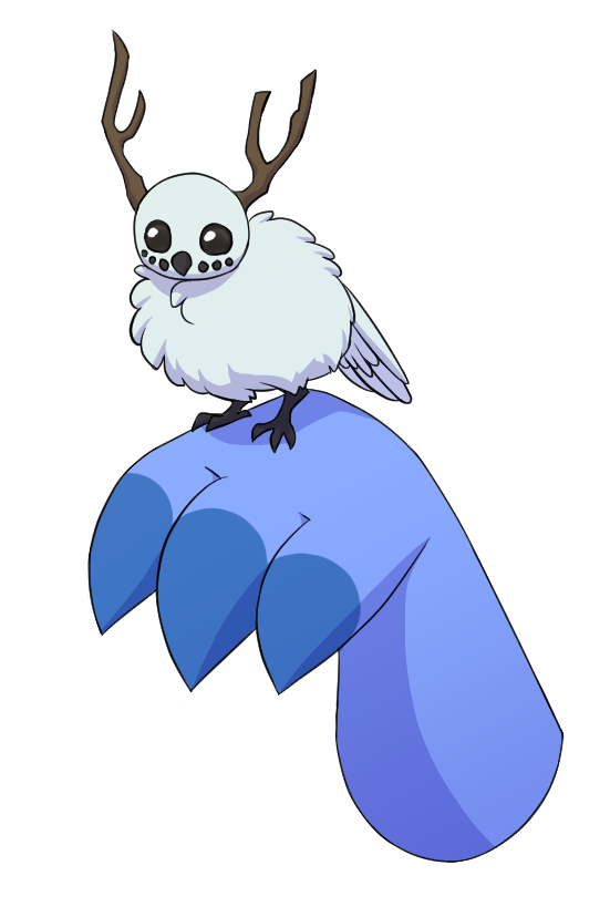 a lesser snowbird sits on a blue draken hand. It is about the size of the draken's palm.