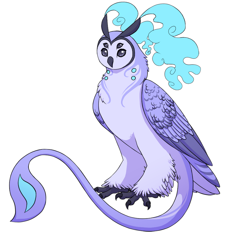 a light purple owl with four eyes and horns that emit a neon blue smoke. it has a long tufted tail sprouting underneath its tail feathers.