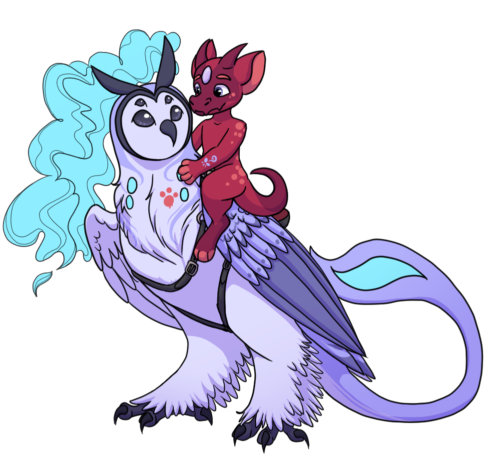 a phantomere with a draken sitting on its back. The phantomere has a saddle strapped on it and a pink paw print on its neck.