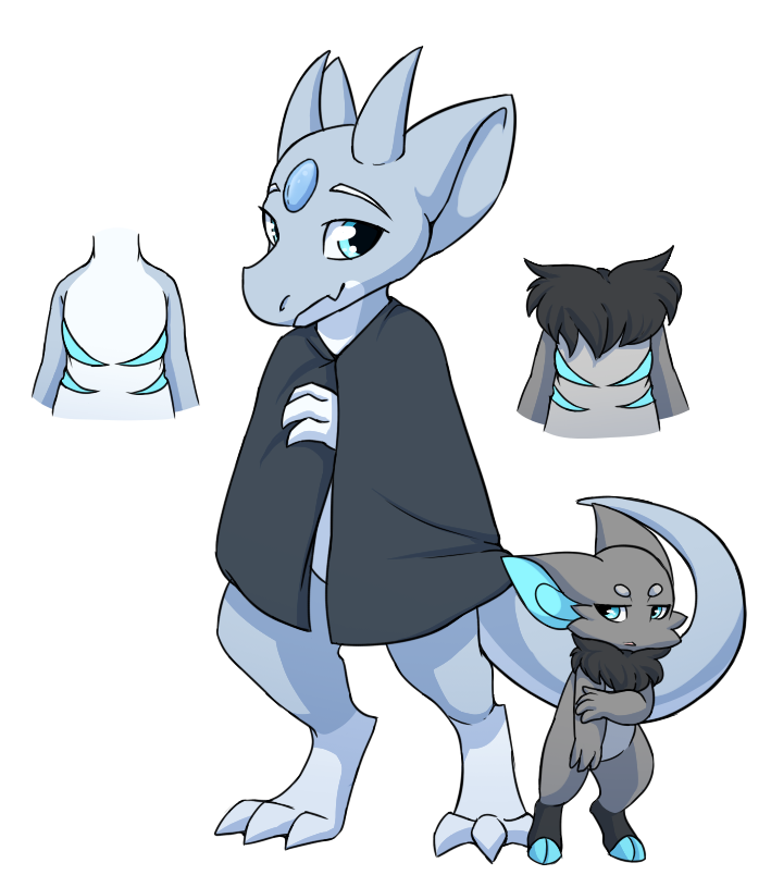 A Draken adult and an Astralit baby; both are grey with blue accents. Both have bright blue eyes and hide their chests; the Draken with a grey blanket over their shoulders, and the Astralit by folding its arms. Beside both are bust shots showing bright blue slits on their ribs.