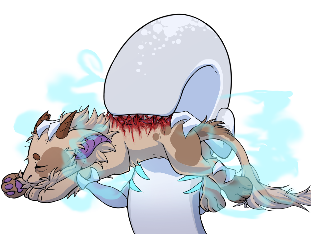 A Siren biting into the back of a motionless Ikka, tearing the flesh.