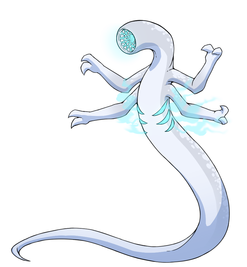 A pale grey, spotted serpentine creature with no eyes and a circular mouth featuring multiple rows of teeth. It has three pairs of slits on its ribs and two pairs of arms. Blue smoke comes from the slits.
