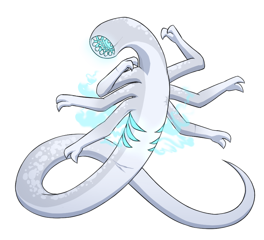 a pale, scarred, serpentine monster with three sets of arms. it has the head of a leech with a glowing blue mouth and six slits on its chest that emit blue smoke.