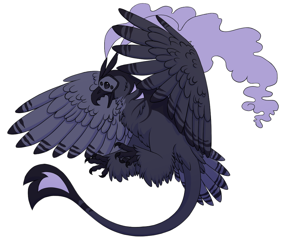 a large, dark bird with multiple eyes. it has horns that emit purple smoke, purple slits in its neck, a long tufted tail underneath tail feathers, a hooked serrated beak, and sharp talons.