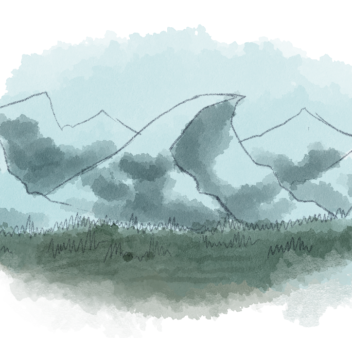 a pencil sketched, watercolor image of a mountain range, with a particular one in the center. The mountain in the center curves forward, creating almost a C shape.