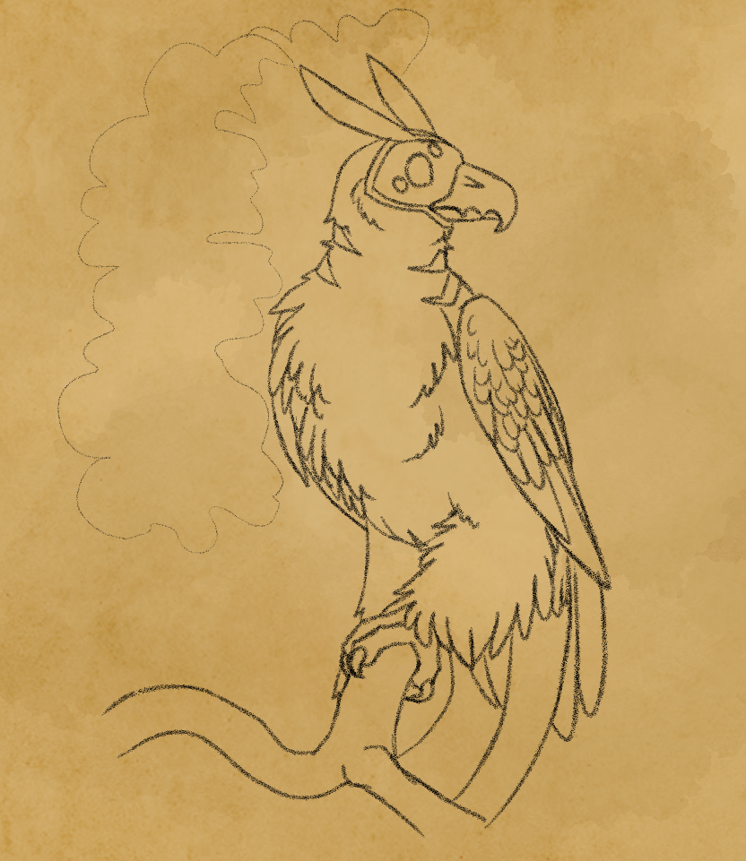 A pencil sketch of a large bird perched on a branch. It has a hooked, serrated beak, multiple eyes, a long tail underneath its tail feathers, and horns that emit smoke.